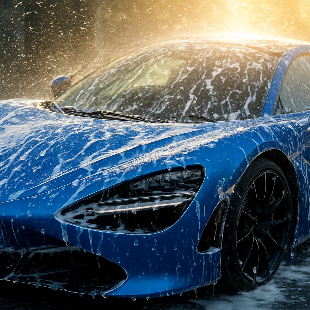 Blue McLaren supercar being washed with foam and water spraying off